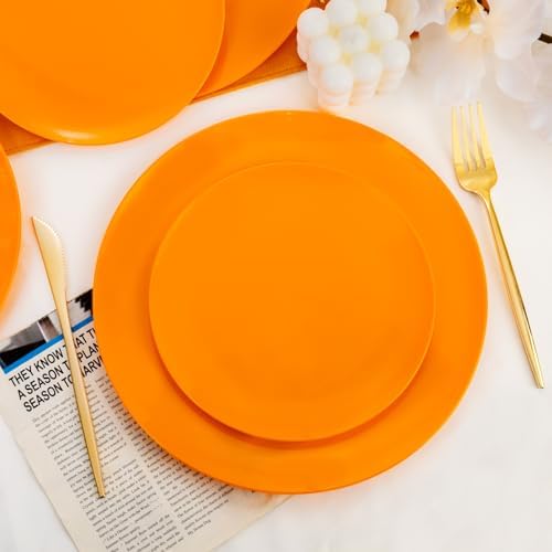 PULOTE 100PCS Orange Plastic Plates - Premium Hard Orange Disposable Include 50 Each(10.25 Inch Dinner & 7.5 Inch Dessert) Plates, Ideal for Party