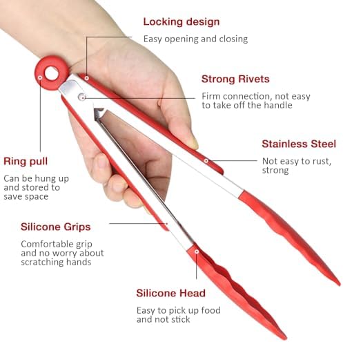 9 Inch Cooking Tongs with Silicone Tips Set of 3(Red)