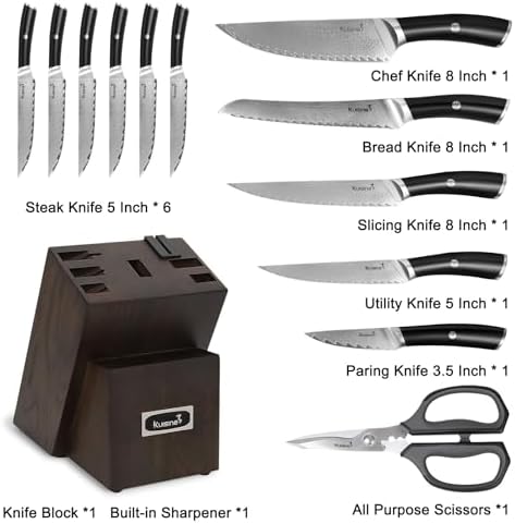 KUISINE 14-Piece Damascus Knife Set with Block, Ultra Sharp