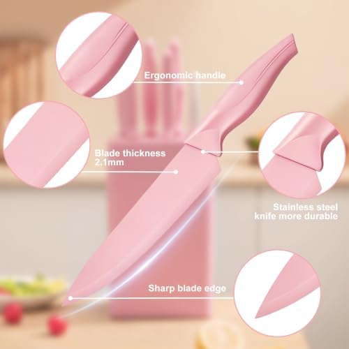 Pink Knife Set,7-Piece Kitchen Knife Block Set, Kitchen Knife Set