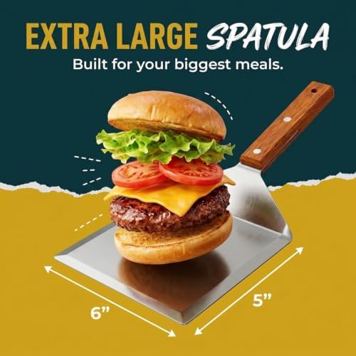 Extra Wide Spatula with Beveled Edges, Oversized Stainless-Steel Spatula with Wood Handle for Skillets, Griddles & Pancake Flipper for Burgers, Omelet, and Versatile for Culinary Task, 6 x 5-inches