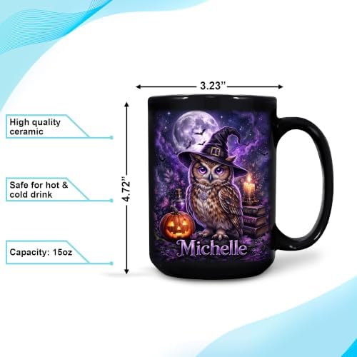 Hyturtle Personalized Halloween Owl Mug, Custom Name Gift for Women
