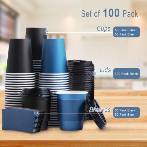 SIUQ 100 Pack 8 oz Disposable Paper Coffee Cups with Lids, Black & Blue
