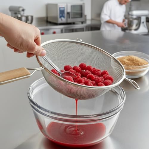 TrueCraftware- 8-Inch Single Medium Tin Mesh Strainer 6" Handle Length Wooden Handle- Kitchen Utensil Food Strainer Skimmer Spoon for Cooking Sieve Sifters Rice Quinoa Pasta Fruits Vegetable