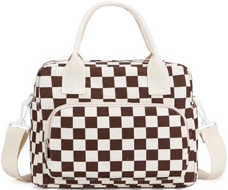 Lunch Bag Women Lunch Box for Women Adult Cute Insulated Lunch Bag Lager Cooler Lunch Tote Bags for Work Picnic (Coffee-White Plaid)