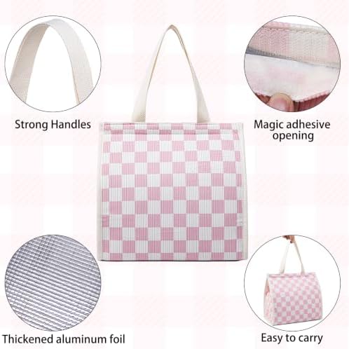Insulated Lunch Bag for Work, 10.2"x5.9"x10.2" Oxford Waterproof Lunch Tote, Thermal Lunch Box for Office, Picnic & Outdoor, Striped Canvas Tote Bag -Check Pink