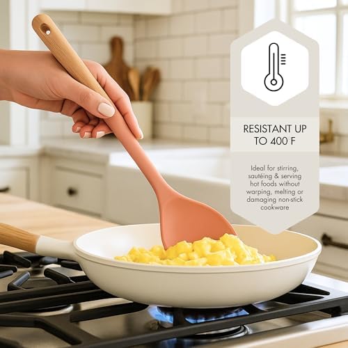 Beille 2pc Beech Wood and Silicone Kitchen Utensils Spatula Set Meal Prep Cooking Baking Supplies Home Essentials, Coral Peach