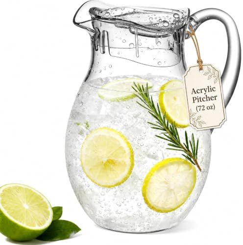 Clear Acrylic Pitcher with Lid (72 oz), Unbreakable Plastic Water Pitcher with Handle, Fridge Jug, BPA-Free, Shatter-Proof, Great for Iced Tea, Sangria, Lemonade, Juice, Milk, and More