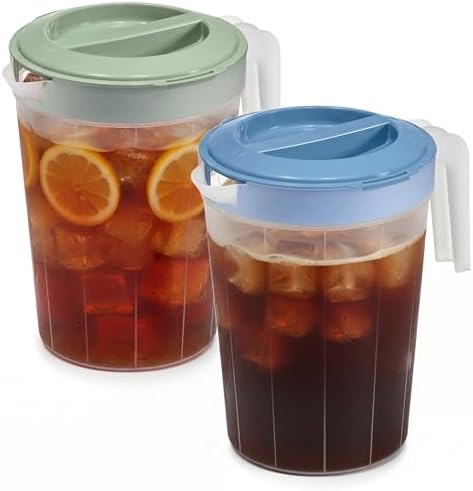 Tribello 2-Pack 1-Gallon Plastic Pitchers with Lids – Iced Tea Pitchers with Twist Cover BPA-Free, Dishwasher & Freezer Safe, Ideal for Water, Juice & Fridge Storage