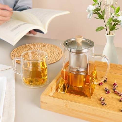CNGLASS Glass Teapot with Infuser,24oz Clear Glass Tea Kettle with Removable Stainless Steel Strainer,Stovetop Safe Glass Teapot for Blooming and Loose Leaf Tea…