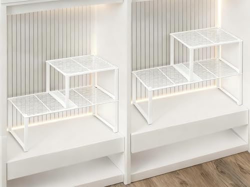 Extendable Metal Wire Shelf Organizer - Adjustable 15-24.4in Length, Stackable Storage Rack for Kitchen/Pantry/Bathroom/Shoe Cabinet/Tool Closet (4, White)