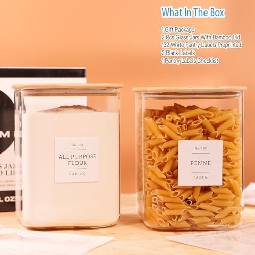 2 Pack Square Glass Flour and Sugar Containers with 132 Kitchen Pantry Labels - Thicken 120 FL OZ Large Glass Storage Jars with Airtight Bamboo Lid - Big Food Canisters for Cookies, Rice, Coffee
