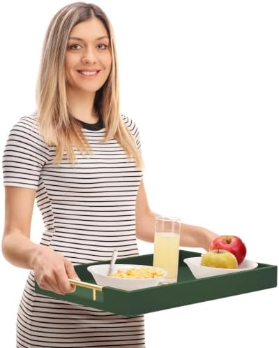 ATZYmolin 17"x12" Leather Serving Tray, Gold Handle Vanity Platter, Green
