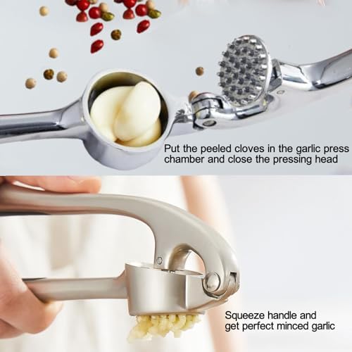 Garlic Press Stainless Steel, 2 in 1 Garlic Mincer & Herb Scissors, Dishwasher Safe Garlic Crusher, Rust Proof Garlic Smasher and Mincer Tool with Peeler and Brush for Kitchen