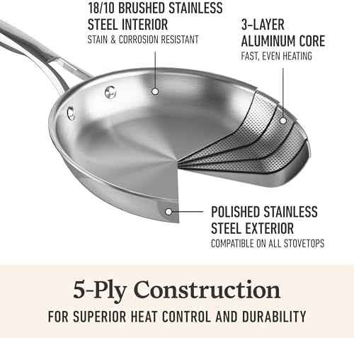 Calphalon Premier Polished 5-Ply Stainless Steel Cookware Set w/Turbo Heat Tech 4.5Qt Chef's Pan with Lid, Induction, Oven Safe 500F, PFOA Free, Polished Stainless Silver