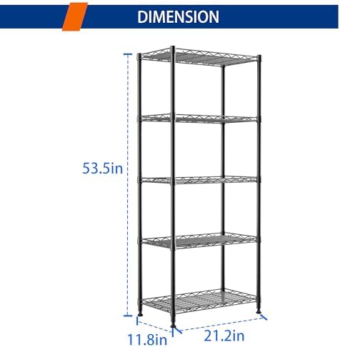 REGILLER 5-Wire Shelving Metal Storage Rack Adjustable Shelves,Standing Storage Shelf Units for Laundry Bathroom Kitchen Pantry Closet(Black,11.8" D x 21.2" W x 53.5" H)