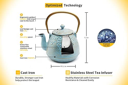 TOPTIER Japanese Cast Iron Tea Kettle with Stainless Steel Infuser, Cast Iron Teapot Stovetop Safe, Leaf Design Teapot Coated with Enameled Interior, 32 Ounce (950 ml), Turquoise Blue