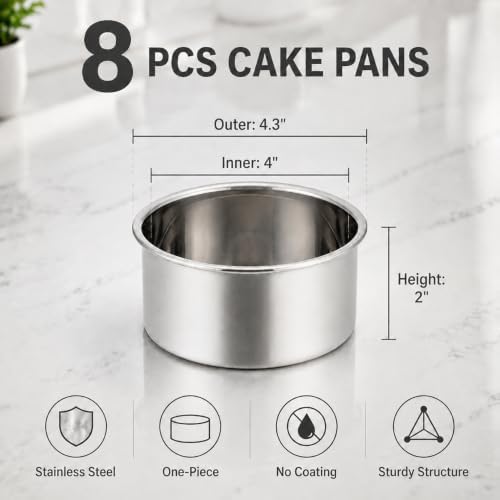 TeamFar 4 Inch Cake Pan, 8 Pcs Stainless Steel Round Baking Cake Pans Set