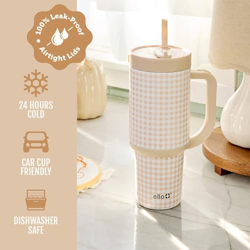 Ello Oasis 30oz Insulated Stainless Steel Tumbler with Straw, Beige Gingham
