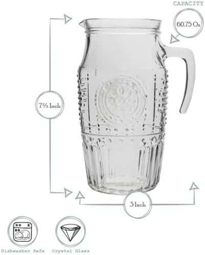 Bormioli Rocco Romantic, Elegant Floral Glass Pitcher, 60.75 oz, Made In Italy.