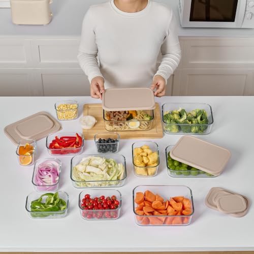 Glass Food Storage Containers with Lids — 6 Piece — 26.5 oz & 40.57 oz Glass with BPA-Free Leak Resistant Stackable Lids — Microwave, Oven & Dishwasher Safe — Ideal for Meal Prep & More Cashew Cream