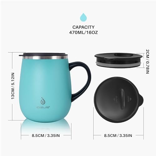 Ideus 16 oz Insulated Coffee Mug with Lid and Handle (Sky Blue)