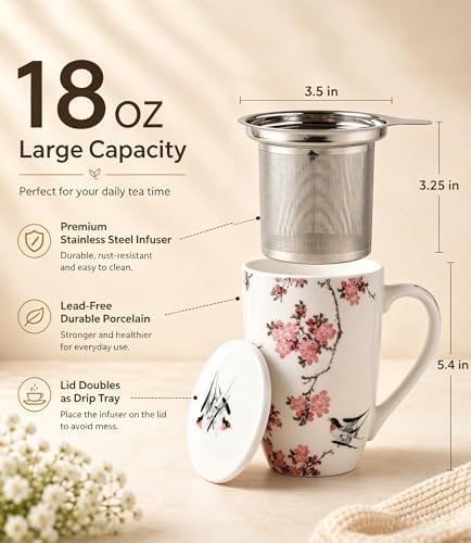 AmorArc Tea Cup With Infuser and Lid, 18oz Loose Leaf Tea Mug With Steeper