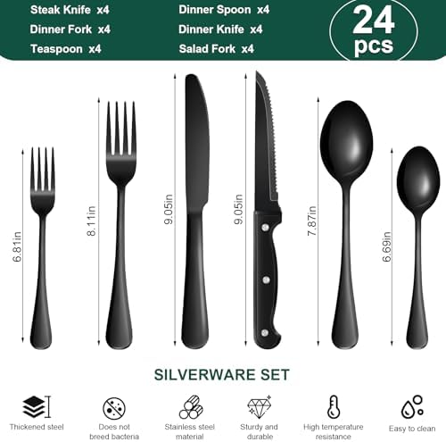 24-Piece Black Silverware Set with Steak Knives Black Stainless Steel Flatware Set for 4 Food Grade Tableware Cutlery Set Rust-proof, Mirror Polished, Dishwasher Safe