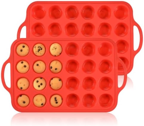 CAKETIME Silicone Mini Muffin Pan, Metal Reinforced Frame 24 Cups Mini Muffin Tin with Handles BPA Free Muffin Silicone Molds for Baking Muffins, Cupcakes, Egg Bites 2 Pack, Red