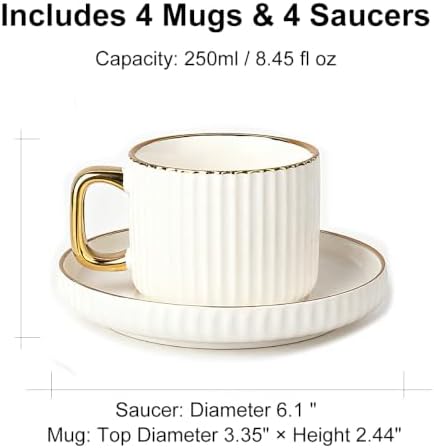 Ceramic Tea Cups Coffee Cup and Saucers Set of 4 (White)