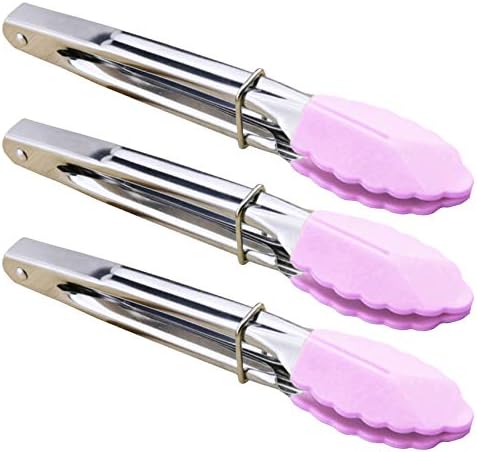 HINMAY 7-Inch Serving Tongs with Silicone Tips, Set of 3 (Pink)