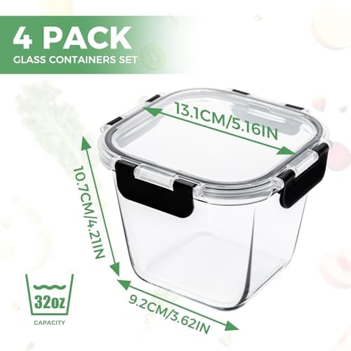 Glass Soup Containers with Lids, 32oz/4 Cup, 4Pack