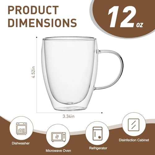 12 Oz Double Walled Glass Coffee Mugs with Handle, Insulated Layer Coffee Cups, Clear Borosilicate Glass Mugs - Gift for Cappuccino,Tea,Latte,Espresso,Hot Beverage,Cold Drinks, Set of 2