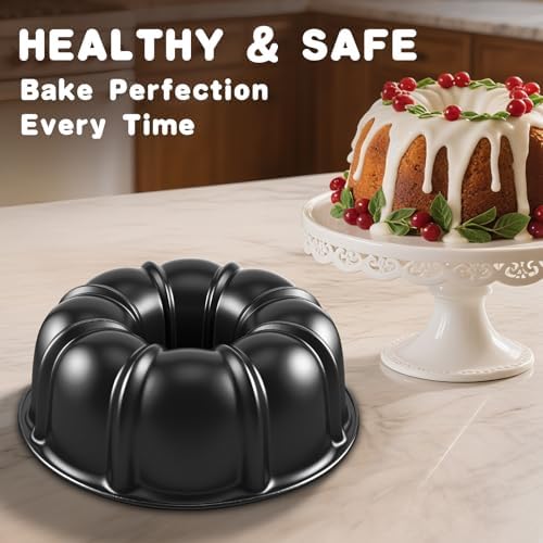 10” Cake Pan, Nonstick Fluted Cake Pan, Buntz Pound Cake Mold,Tube Bakeware,Baking Mold for Jello/Gelatin/Chocoflan, Non Toxic, Easy Clean - Black