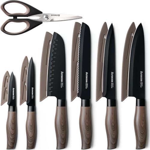 Astercook Knife Set, 13-Piece Kitchen Knives Set with 6 Blade Guards, Black Anti-Rust & Non-Stick Coating, Dishwasher Safe Stainless Steel Knives, Ergonomic Handle, Perfect for Holiday Gifts