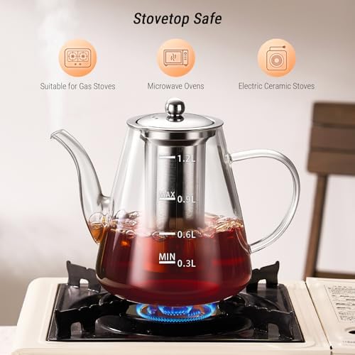 PARACITY 44oz Glass Teapot with Infuser, Stovetop Tea Pot with Scale, Clear