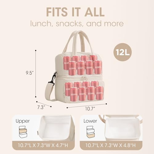Double Decker Lunch Bag Women Men With Cup Holder, Beige
