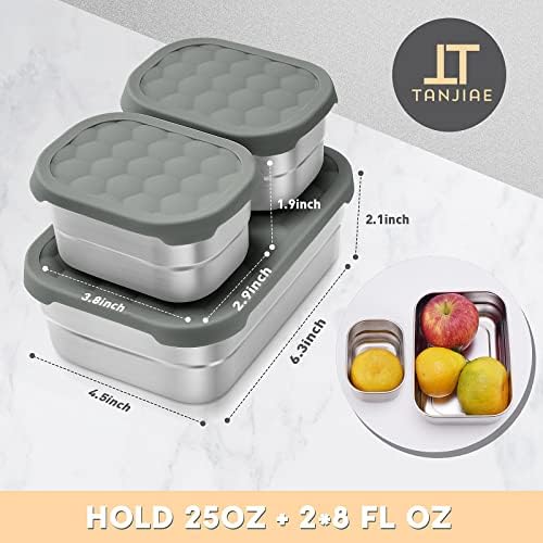 Tanjiae 3 CUP+1 CUP Stainless Steel Lunch Snack Containers Set | Leak Proof 304 Stainless Steel Food Containers with Silicone Lids - Perfect Metal Lunch Box for School and Daycare (25oz+8oz*2)
