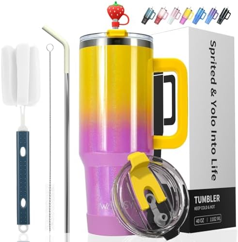 30 oz Shiny Tumbler with Handle and Straw,Stainless Steel Tumbler with Lid and Straw,Insulated Travel Mug(Cold for 34 Hours),Water Bottle for Iced Tea,Coffee (Yellow)