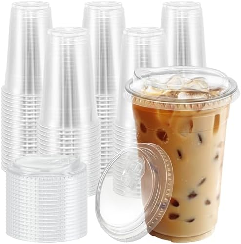 BYSNOW 100 Pack 20 oz Clear Plastic Cups with Sip Lids, Iced Coffee Cups