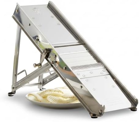 ICO Bron Coucke Professional Mandoline Slicer by Tellier – Heavy Duty Stainless Steel Mandoline Slicer for Kitchen – Adjustable Straight, Julienne, & Waffle Blades (Pusher Not Included)