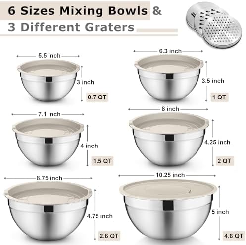 P&P CHEF Mixing Bowls with Lids Set of 6, Nesting Salad Bowl, Khaki