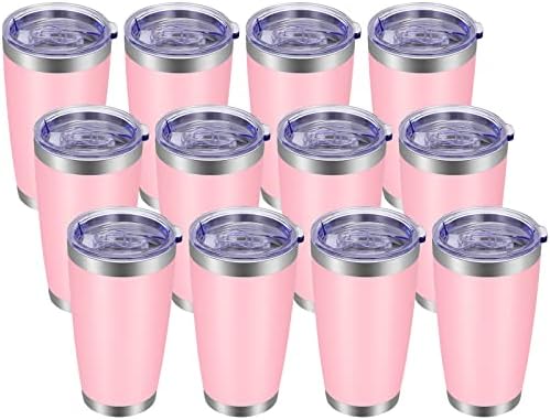 VEGOND 20oz Tumbler with Lid and Straw Stainless Steel Tumbler Cup Bulk Vacuum Insulated Double Wall Travel Coffee Mug Powder Coated Coffee Cup, Pink, 12 Pack