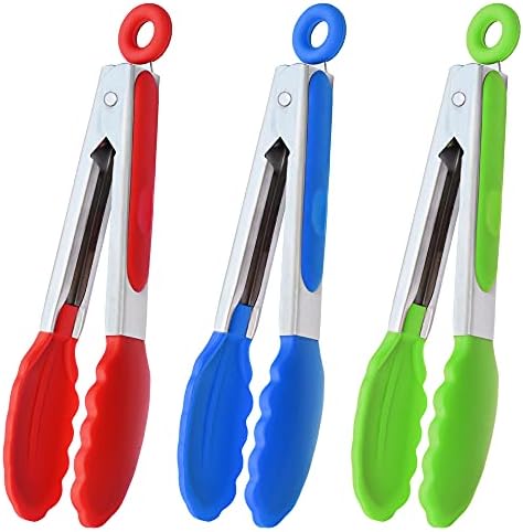 HINMAY Mini Tongs with Silicone Tips 7-Inch Serving Tongs, Set of 3 (Red Blue Green)