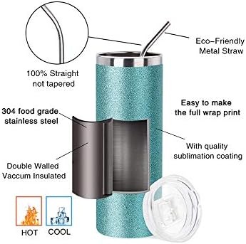 PYD Life 4 Pack Sublimation Tumblers Skinny 20 OZ Glitter Teal with Straw