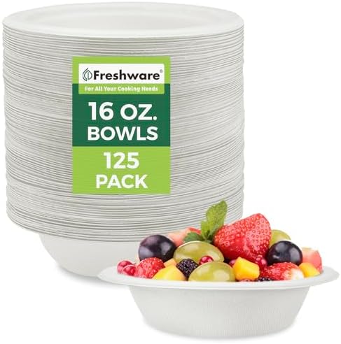 Freshware Paper Bowls - Disposable 16 oz. Soup Bowl, 125-Pack Biodegradable Sugarcane Fiber Serving Bowls - Heavy Duty Bagasse for Hot Food Plates - Microwave & Freezer Safe, Stackable Dinnerware