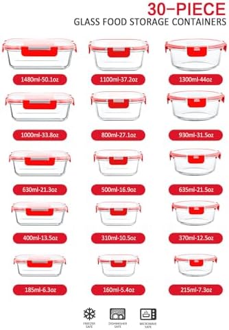 M MCIRCO 30 Piece Extra Large Glass Food Storage Containers with Lids, Red