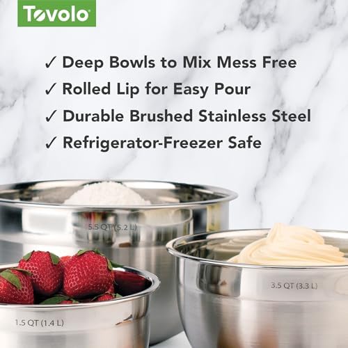 Tovolo Stainless Steel Mixing Bowls Set of 4 Small Medium Large XL Metal Bowl Set for Cooking Baking Prep, Dishwasher Safe Nesting Mixing Bowls Set, Freezer Storage and Mixer Safe Heavy Duty Bowls