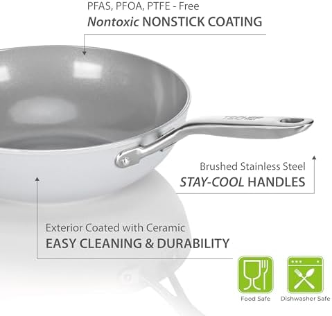 TECHEF - CeraTerra 12" Ceramic Nonstick Flat Bottom Wok/Stir-Fry Pan - PFOA, PTFE, PFAS Free, Dishwasher and Oven Safe, Made in Korea (12-in)