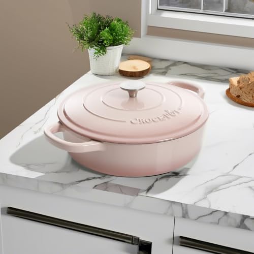 Crock-Pot Artisan 5-Quart Blush Enameled Cast Iron Braiser with Lid – Durable Slow Cooker and Oven Safe Cookware